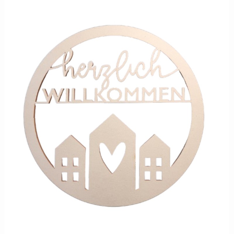 Schrifftzug aus Holz Herzlich Willkommen mit Häusern 20cm